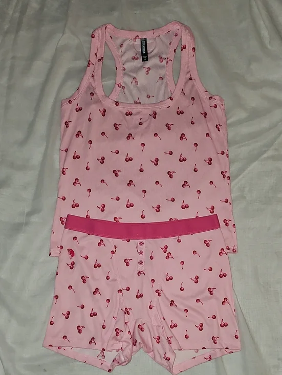 Pink Cherry-Print Tank & Shorts Sleep Set  Medium - Picture 3 of 7